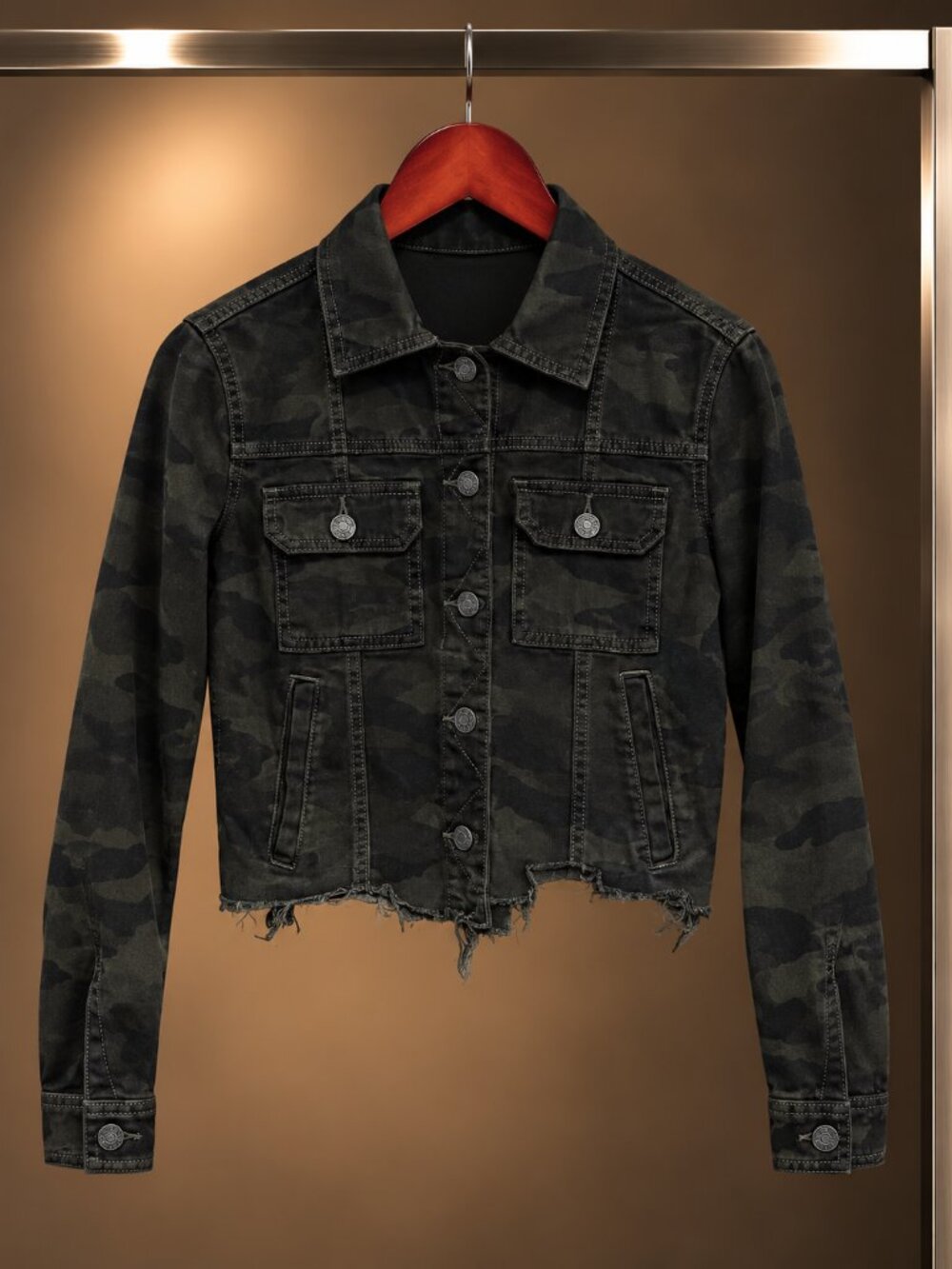 HIDDEN Camo Cropped Jacket Raw Frayed Hem Olive Black Cotton Size XS